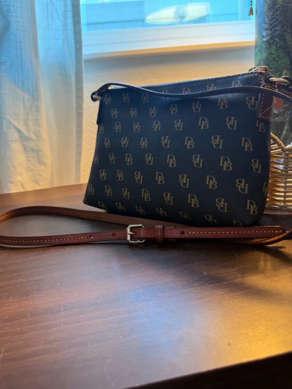 Dooney & Bourke Brown and Tan Logo Crossbody with Gold Plaque